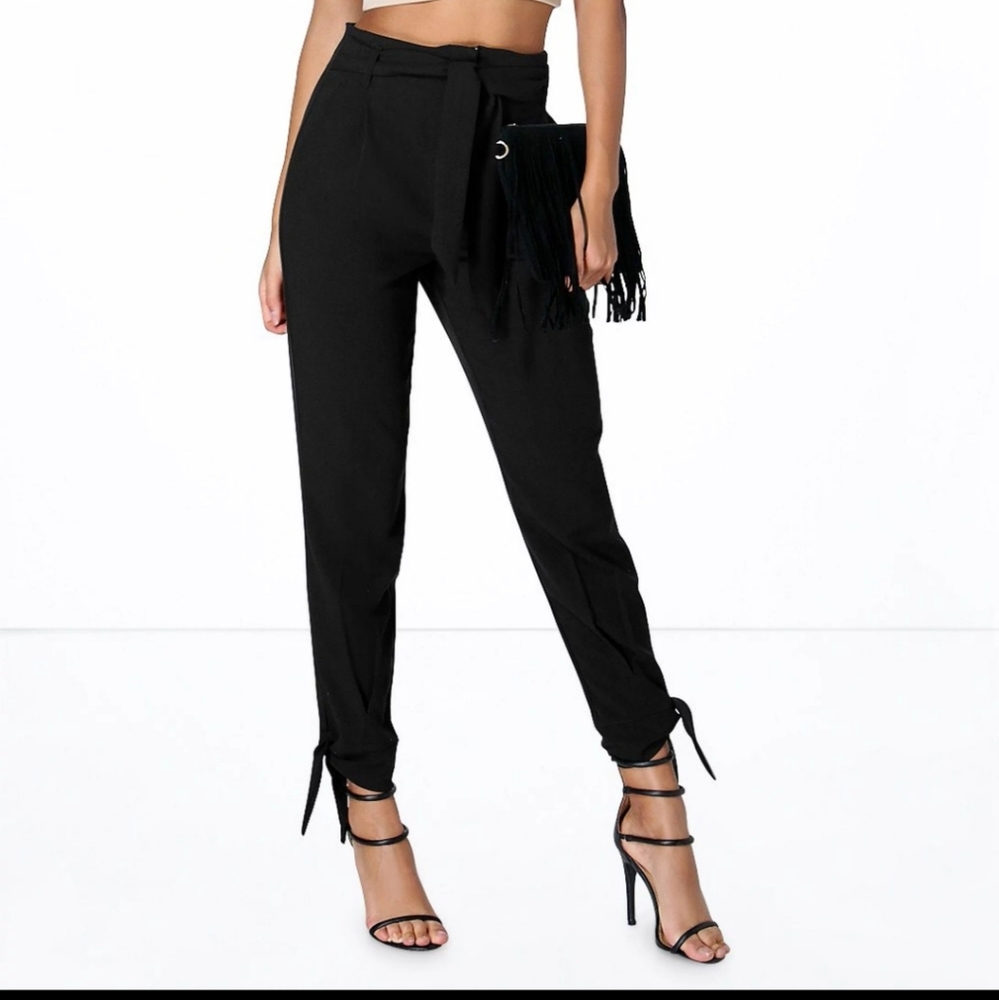 Boohoo Belted Tailored Tie Ankle Slim Trousers Black - Tall